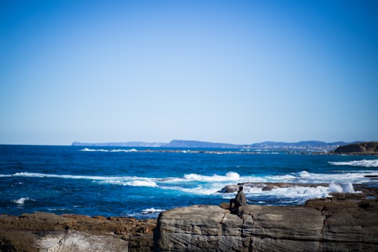 man seats on brown stone near sea during daytime in Dora Creek Australia