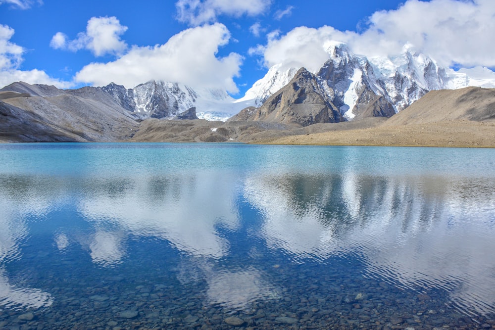 snow mountain near body of water under clear blue and white sky