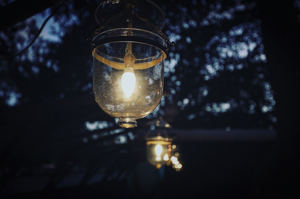 나무에 조명이 켜진 투명 유리 램프의 선택적 초점 사진