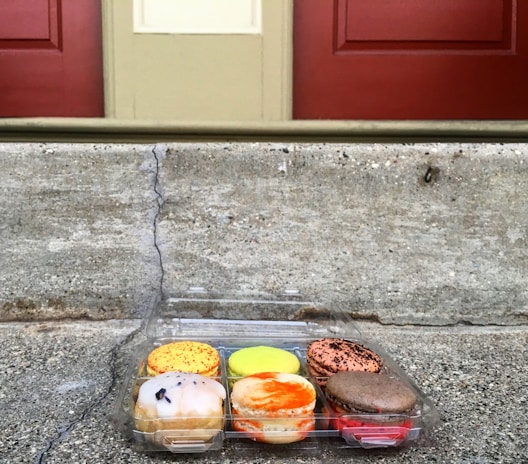 A delivery box filled with assorted treats sitting on a doorstep in Annandale, Virginia.