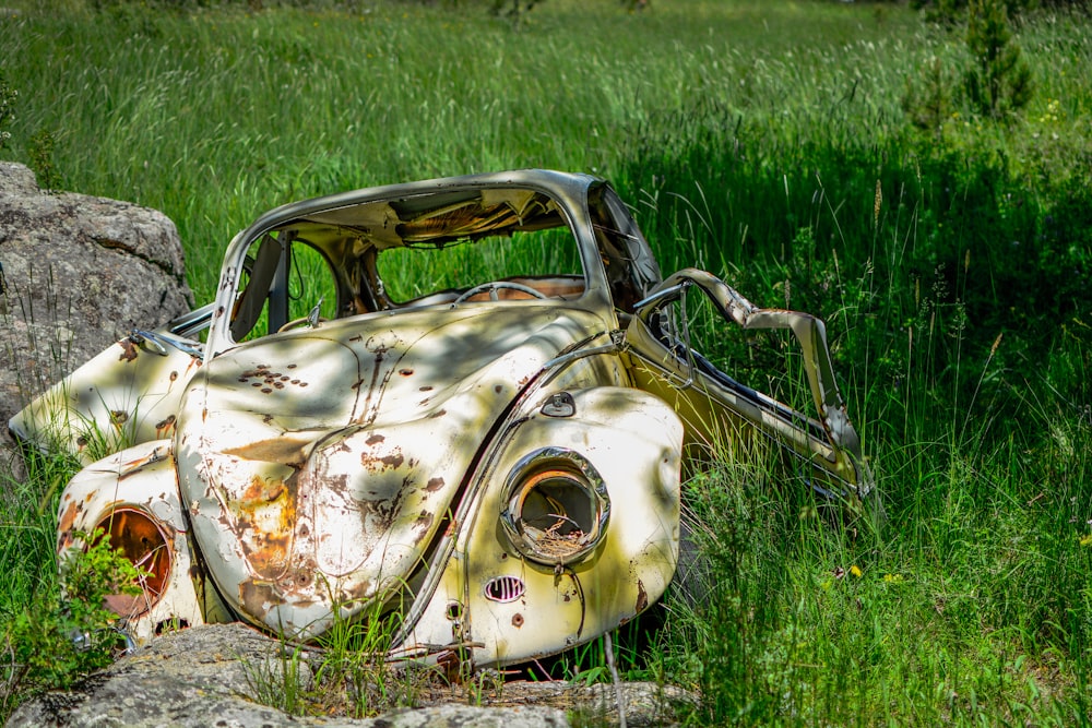 Volkswagen Beetle coupé blanco destrozado sobre la hierba