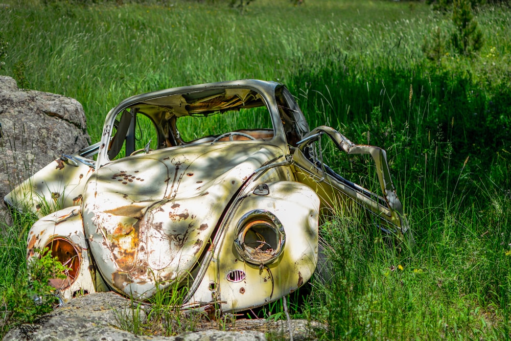 wrecked white Volkswagen Beetle coupe on grass