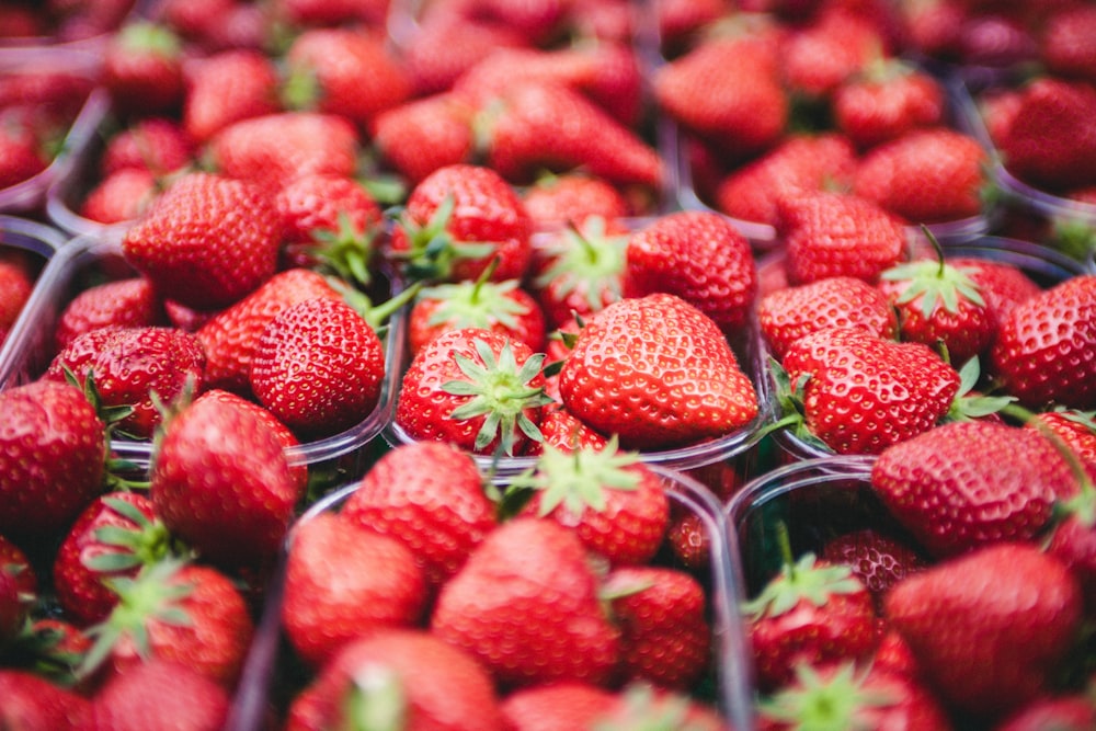 Photo de mise au point sélective de fraises dans des récipients en plastique transparent