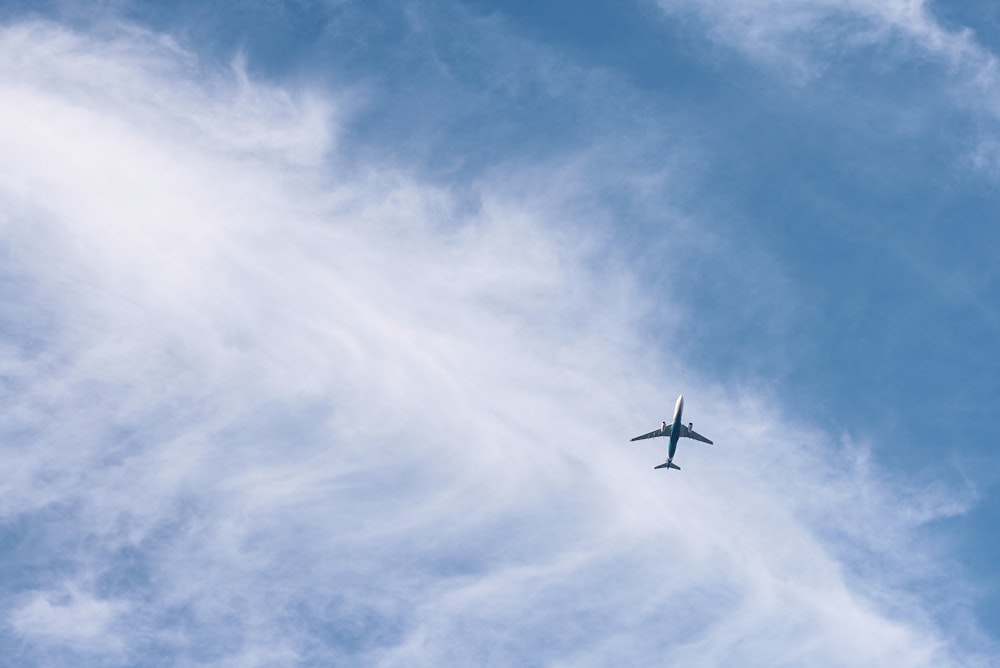 昼間の空に浮かぶ白い旅客機