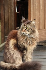A large, fluffy Maine Coon cat sits on a wooden surface, exuding a regal presence. Its long fur is a mix of brown, grey, and cream shades, and its sharp green eyes are focused intently to the side. The cat is positioned near a partially open wooden door, suggesting a blend of indoor and outdoor setting. The light highlights the texture of its fur, accentuating its majestic appearance.