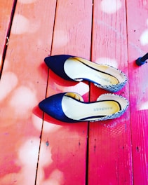 A pair of chic flats on a wooden floor.