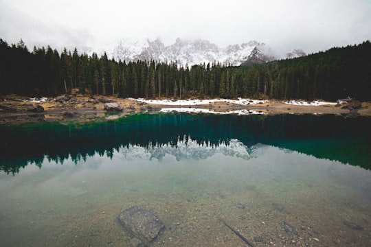 lake in forest near snow mountain in Karersee Italy