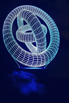 A complex geometric structure composed of interwoven loops outlined by a thin, glowing blue grid against a dark background.
