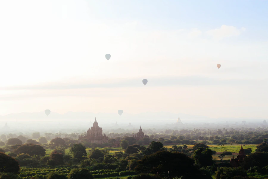 Hot air balloon floating over Bagan temples, Myanmar