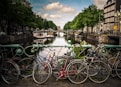 assorted-color bicycles park beside blue rails near river