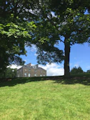 Family enjoying a peaceful moment in the spacious stone house garden.