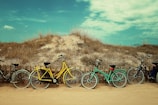 four assorted-color commuter bikes near hill at daytime