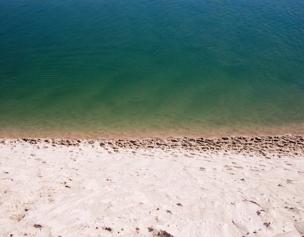 white sand near green calm body of water at daytime