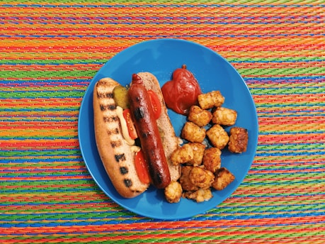 A grilled hot dog in a bun with mustard, pickle, and tomato slices is placed on a blue plate alongside a portion of tater tots and a dollop of ketchup. The background consists of a colorful woven mat with vibrant stripes.