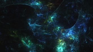 An abstract digital artwork consisting of swirling patterns with bright neon colors against a dark background. The colors blend into each other, creating an ethereal, cosmic effect.