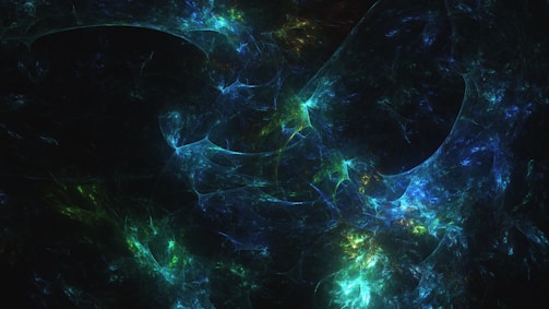 An abstract digital artwork consisting of swirling patterns with bright neon colors against a dark background. The colors blend into each other, creating an ethereal, cosmic effect.