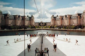 people gathering outside building