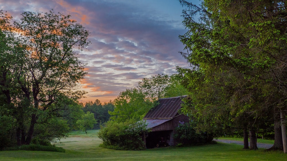 red house surrounded by trees during dawn