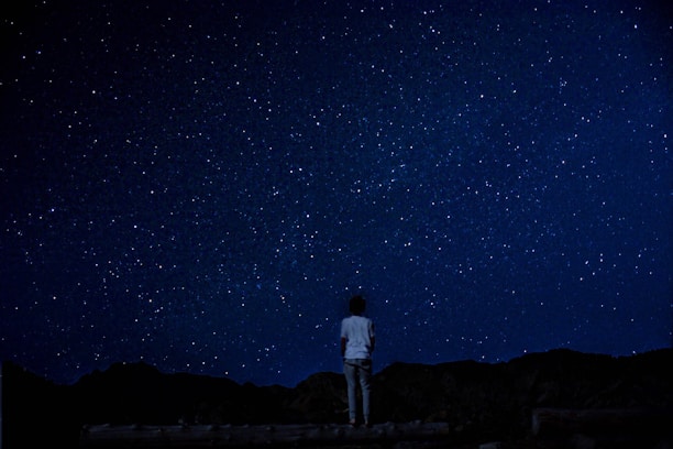 A person gazing at the night sky filled with stars and constellations.