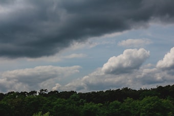 Dark, heavy clouds loom over a lush green forest. The sky is mostly overcast with some patches of lighter clouds, indicating changing weather conditions.
