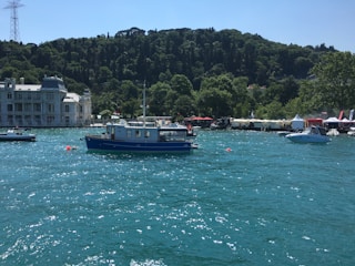 A blue boat is floating on a vibrant turquoise body of water, surrounded by several small boats. In the background, there is a lush green hillside and a grand white building. The shoreline is dotted with trees and tents, suggesting a lively waterfront area.