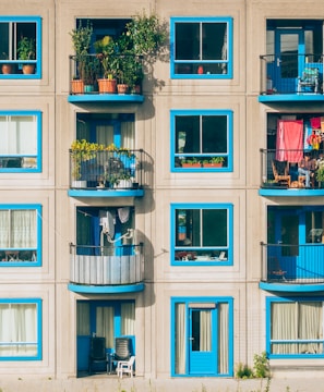 white and blue concrete 4-storey building