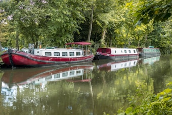 Several narrowboats are moored along a tranquil river or canal. The boats have distinctive red and white exteriors, reflecting beautifully on the calm water. Surrounding the scene are lush green trees, creating a peaceful and serene atmosphere.