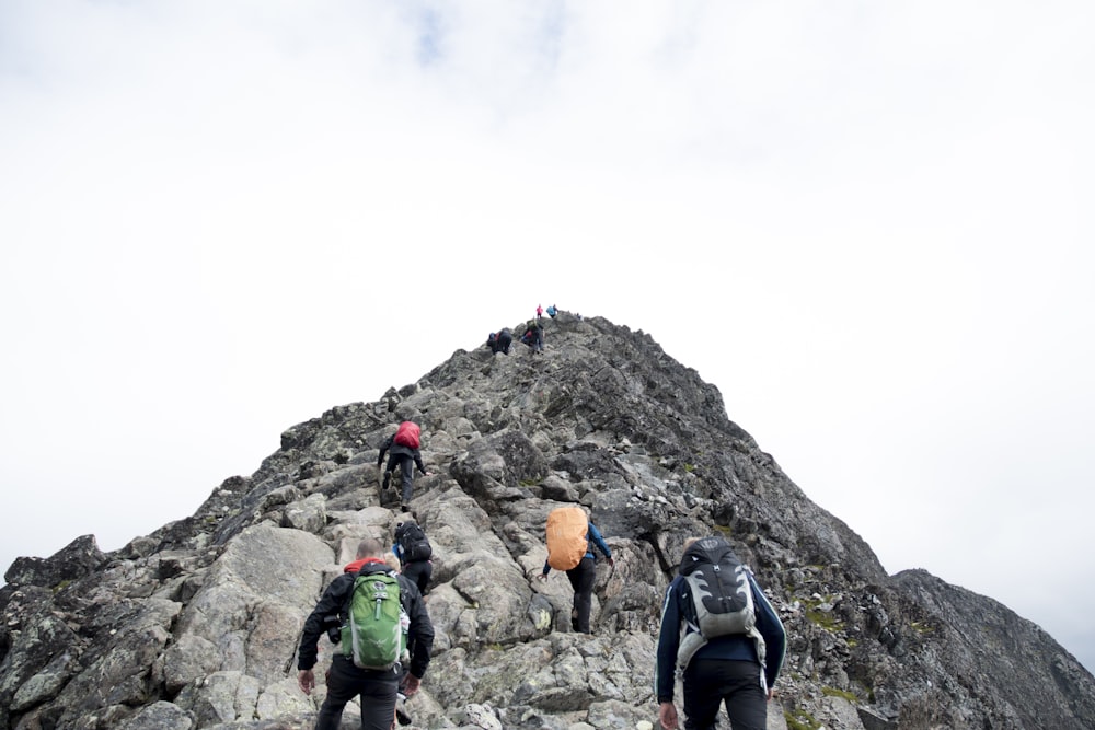 昼間に山頂をハイキングする登山者