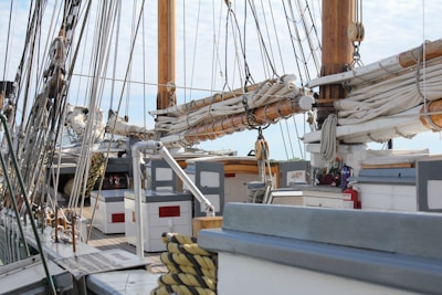 Close-up of maritime safety equipment neatly arranged on a vessel deck
