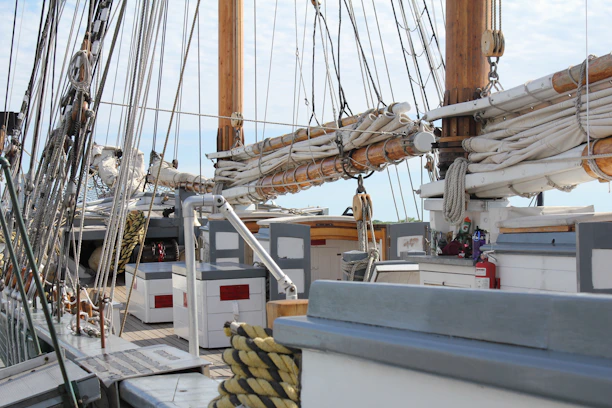Close-up of safety equipment neatly arranged on the Bavaria46 boat deck.