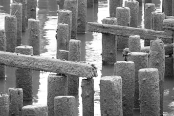 Multiple weathered concrete or stone pylons, some covered in algae or moss, are partially submerged in water. The water appears calm, reflecting the pillars and creating a serene atmosphere.