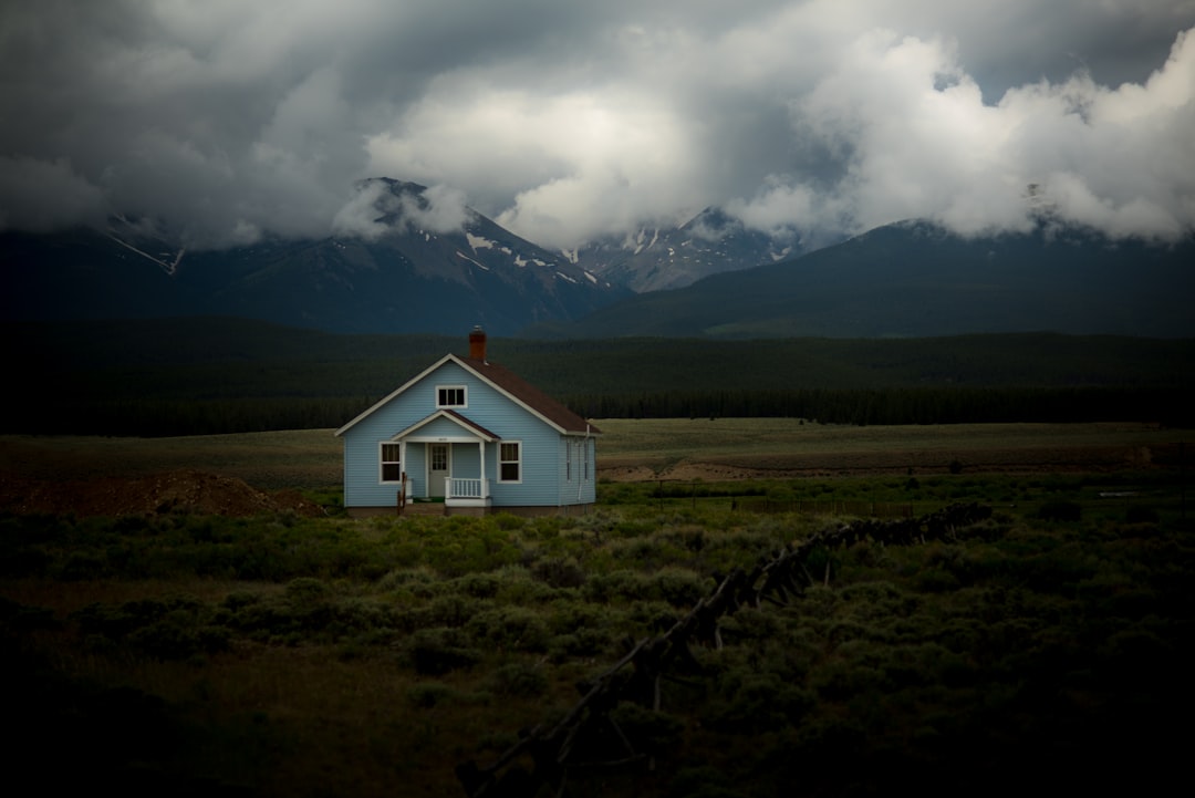 house on grass field under gray sky, Blue house in field