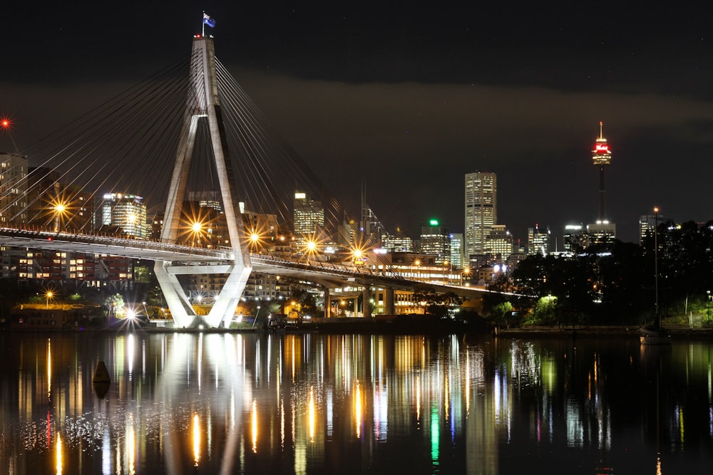 photography of city bridge during night