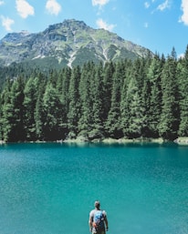 man looking through on lake with pine trees under blue sky
