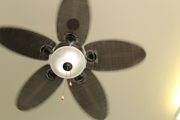 A ceiling fan with four textured blades spinning above. The fan has a central glass light fixture that is turned on, emitting a soft glow. Two pull chains hang from the fan fixture.