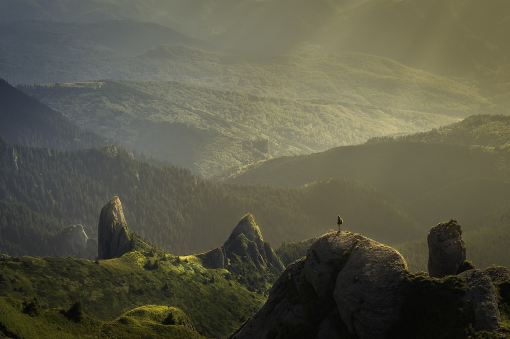 Landschaftsfotografie von Bergen, die von Sonnenstrahlen getroffen werden