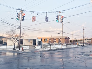 City street with traffic management signs and signals in operation