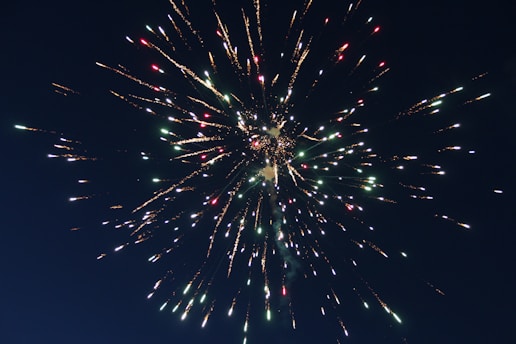 Bright fireworks burst in the night sky, creating a spectacular display of light with multicolored sparks radiating outward. The explosion creates a sense of celebration and festivity.