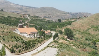 A sprawling rural landscape with green fields and hills in the background. A large building with a red-tiled roof is situated near the center, surrounded by smaller buildings and a variety of trees. Roads wind through the hills, creating a sense of depth and perspective.