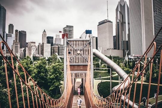 two people jogging on bridge in Maggie Daley Park United States