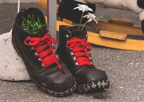 A pair of modern boots placed beside green plants on a concrete floor.