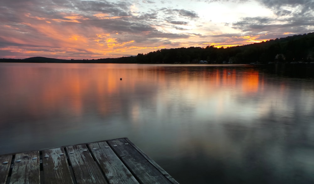 wooden dock near tree during golden hour