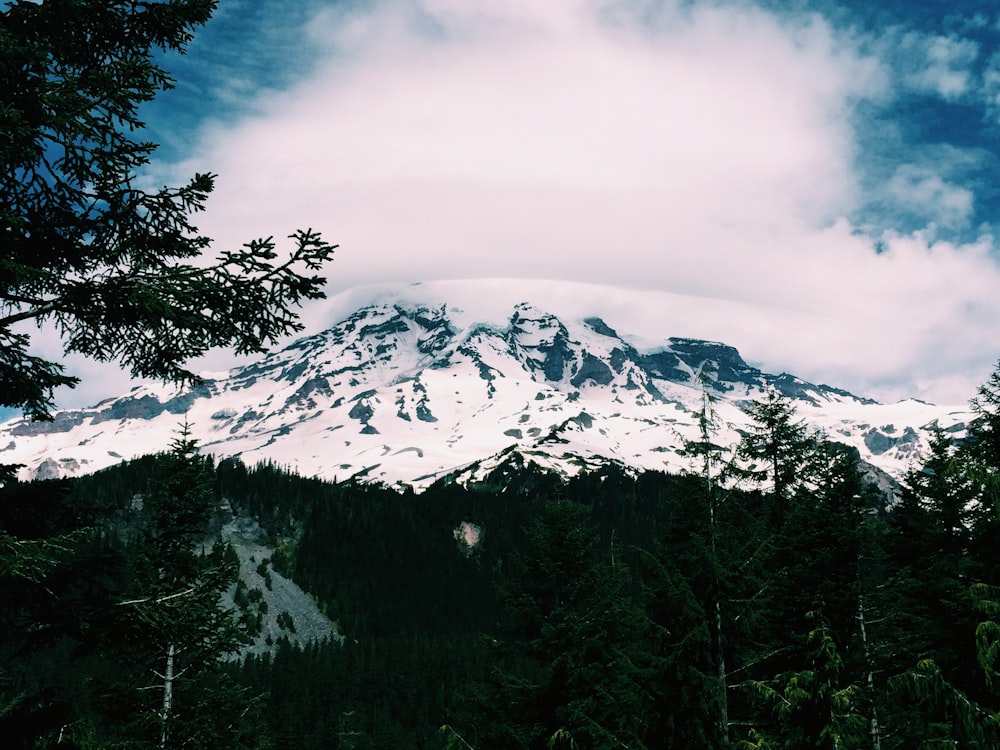 snow-covered mountain under white clouds