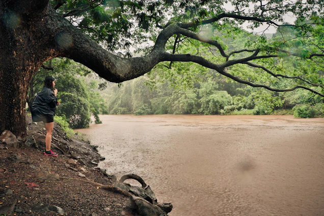 A professional environmental auditor conducting a field inspection near a river.