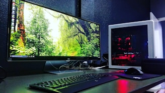 A sleek computer setup featuring a large monitor displaying a forest scene with vibrant greenery. Next to the monitor is a white tower with visible red lighting from internal components. A keyboard and mouse are placed in front, on a desk with a dark surface.