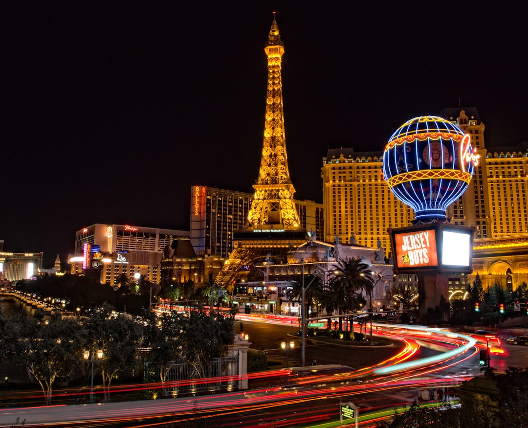 A postcard worthy image, showing the illuminated Le Theatre des Arts at Paris Las Vegas Casino