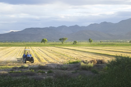 A vast agricultural field with a tractor working on the land. Rows of freshly plowed earth stretch across the horizon, bordered by a line of trees and distant mountains under a partly cloudy sky.
