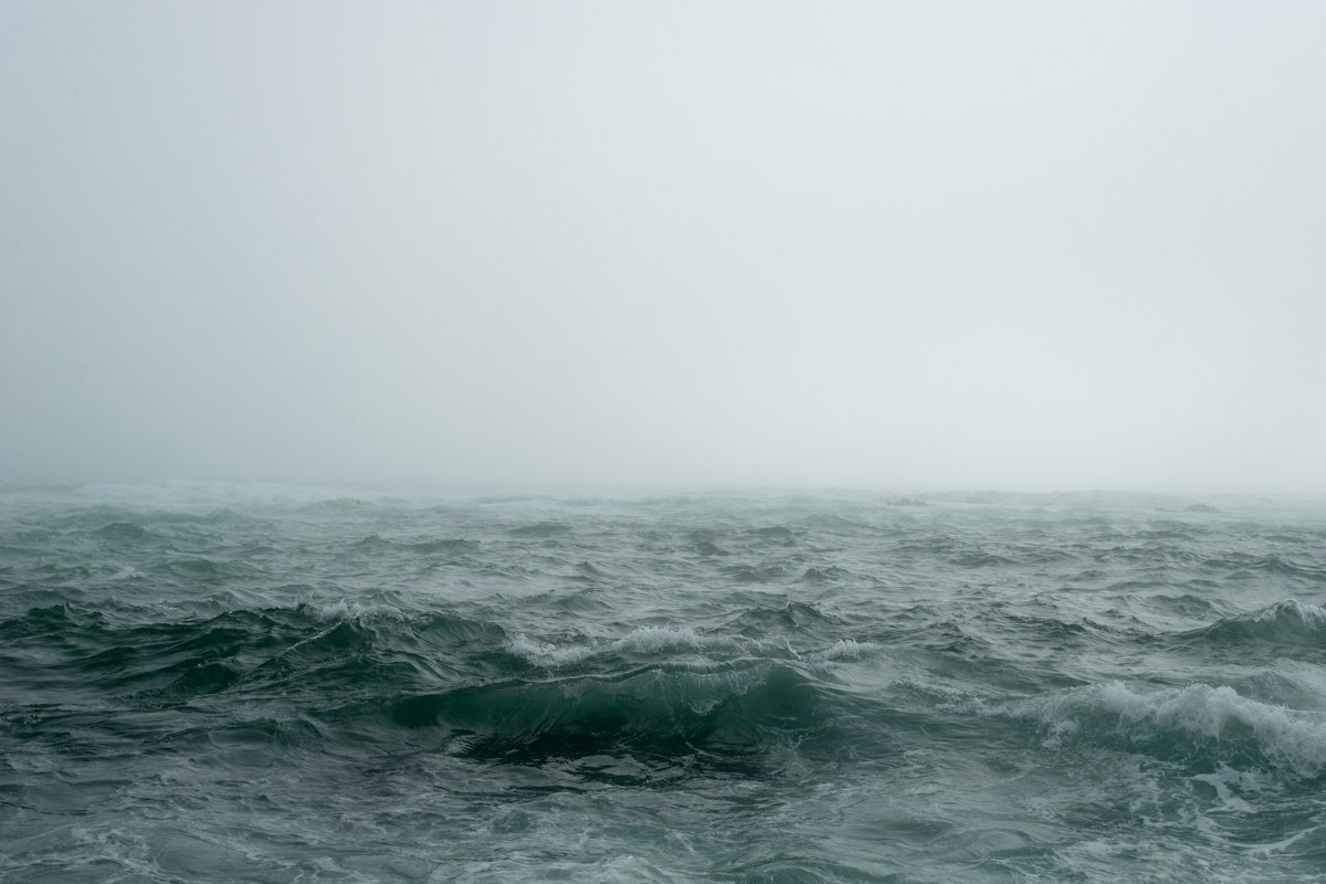 A grey, heaving sea to the horizon, short breaking waves capped with white and low fog swallowing the horizon line entirely