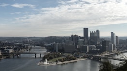 A city skyline view of Pittsburgh with rivers converging.