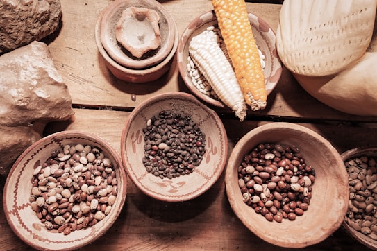 Various types of beans are displayed in clay bowls on a wooden surface alongside different corn cobs. The arrangement includes diverse colors and textures, contributing to an organic and rustic setting.